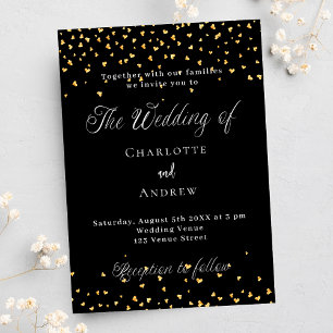 Wedding black gold hearts elegant script invitation postcard