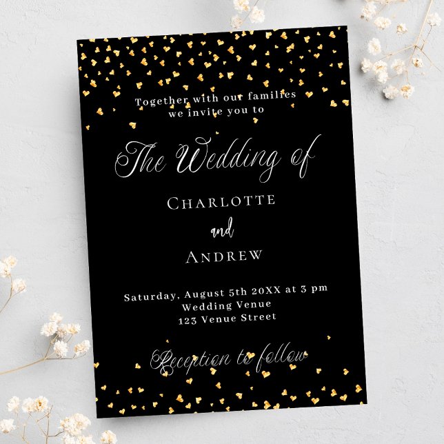Wedding black gold hearts elegant script invitation postcard (Creator Uploaded)