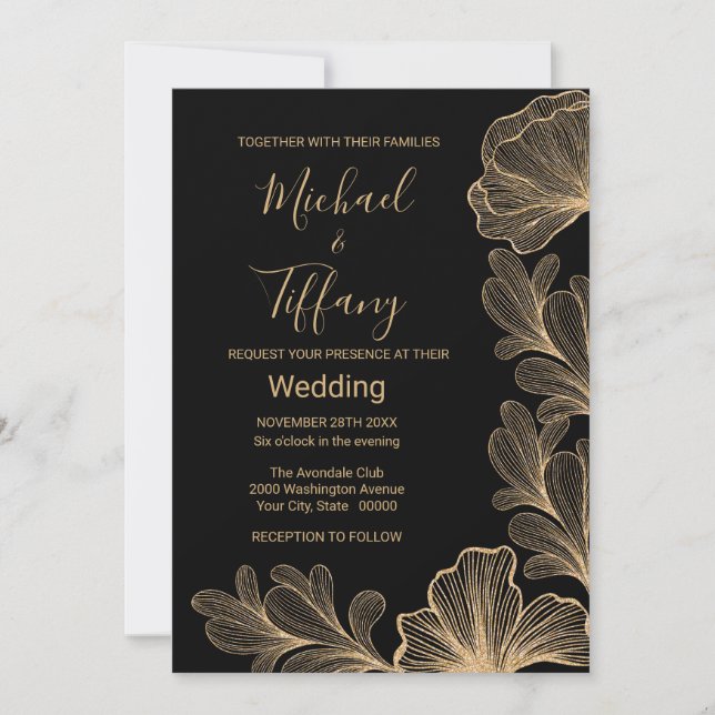 Wedding Black Gold Romantic Filigree Invitation (Front)