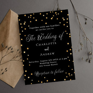 Wedding black gold stars elegant script invitation
