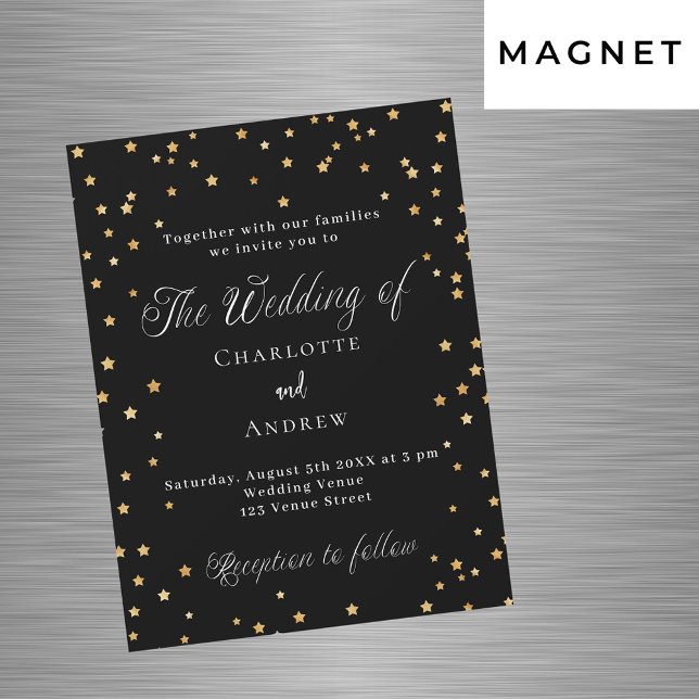 Wedding black gold stars elegant script luxury magnetic invitation (Creator Uploaded)