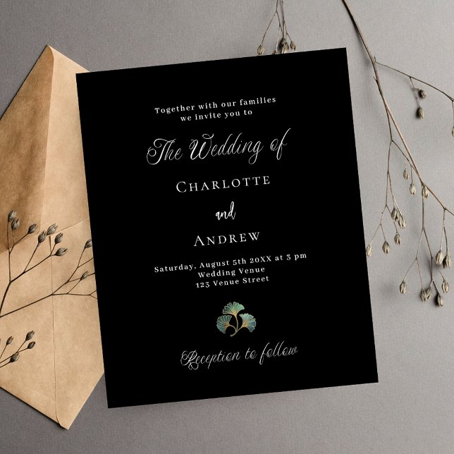 Wedding black greenery ginkgo budget invitation (Creator Uploaded)