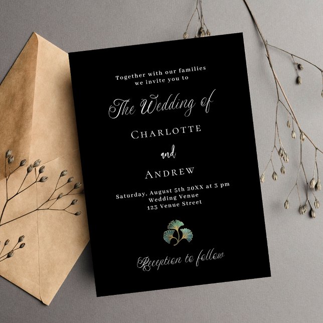 Wedding black greenery ginkgo leaves simple script invitation postcard (Creator Uploaded)