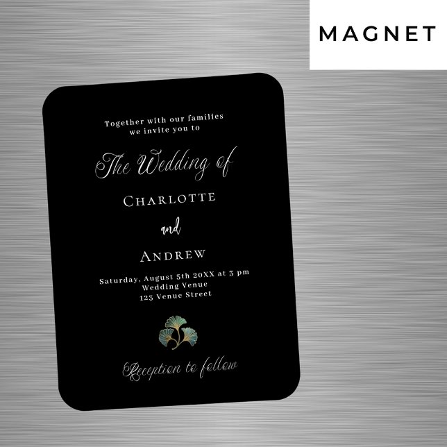 Wedding black greenery ginkgo luxury invitation magnet (Creator Uploaded)