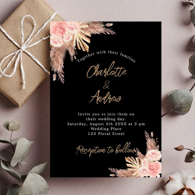 Wedding black pampas grass rose gold floral luxury invitation (Creator Uploaded)