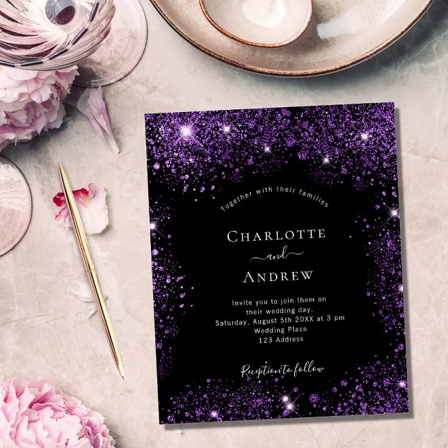 Wedding black purple glitter budget invitation flyer (Creator Uploaded)