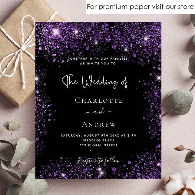 Wedding black purple glitter budget invitation flyer (Creator Uploaded)