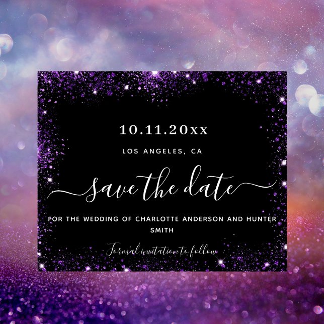 Wedding black purple glitter budget save date (Creator Uploaded)