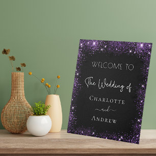 Wedding black purple sparkles welcome pedestal sign