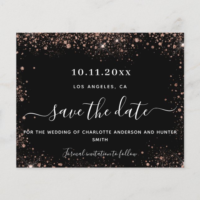 Wedding black rose gold glitter budget save date (Front)