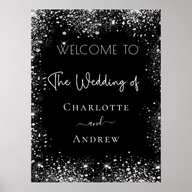 Wedding black silver glitter welcome sign (Front)