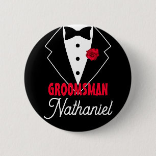 Wedding Black Tie Tuxedo, Red Rose, Customisable 6 Cm Round Badge