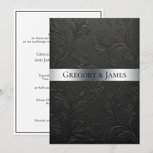 Wedding Black Tooled Leather Silver Ribbon Invitation (Front/Back)