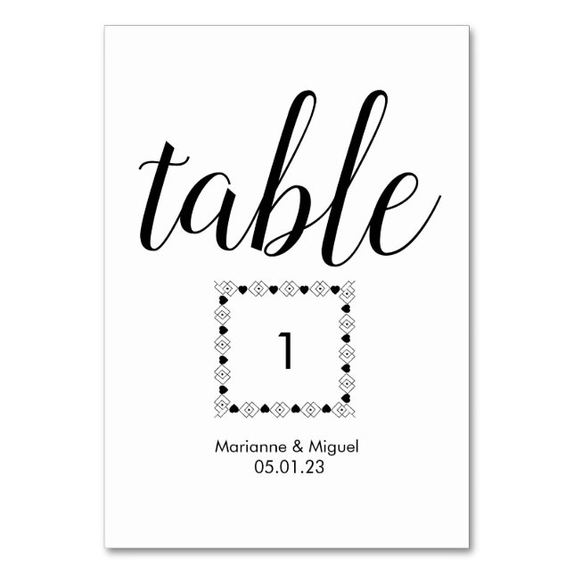 Wedding Black White Heart Border Seating  Table Number (Front)