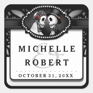 Wedding Black White Lace Names Skeletons Wedding Square Sticker