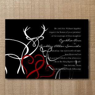 Wedding Black White Red Buck and Doe in Love Invitation