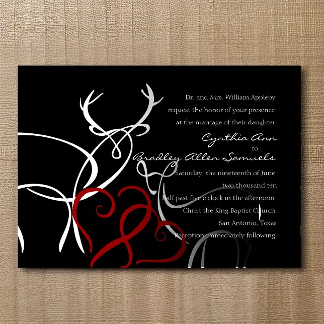 Wedding Black White Red Buck and Doe in Love Invitation (Creator Uploaded)