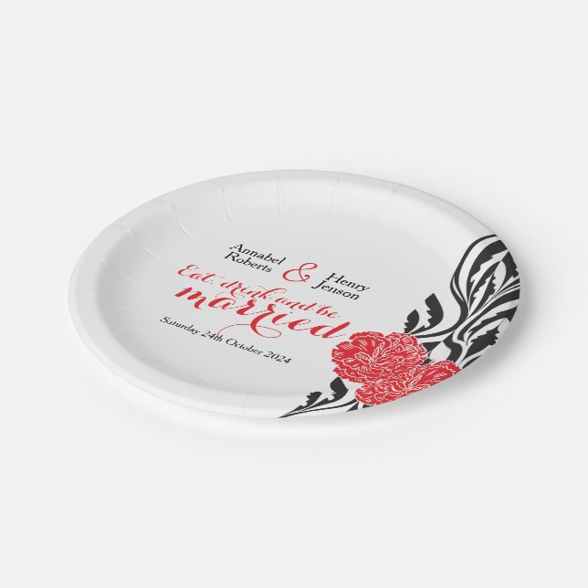 Wedding black white red custom paper plate (Angled)