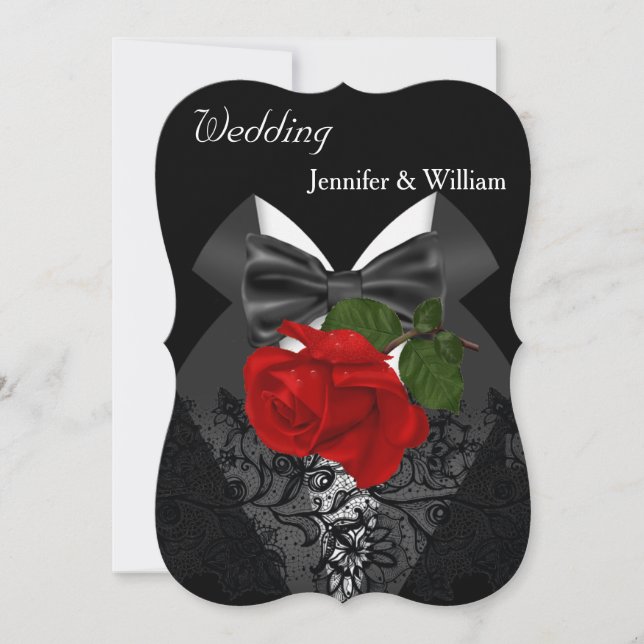 Wedding Black White Tuxedo Deep RED Rose 2b Invitation (Front)