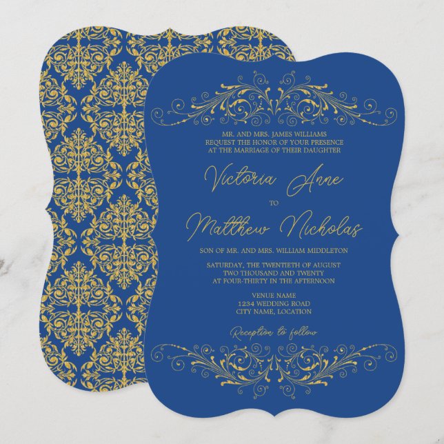Wedding Bleu and Faux Gold Flourish Damask Invitation (Front/Back)