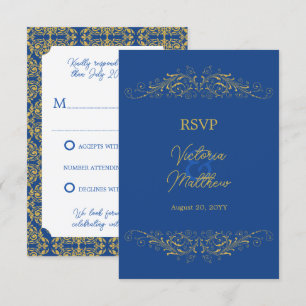 Wedding Bleu and Gold Flourish Damask RSVP Invitation