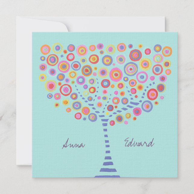 Wedding Blue Aqua Circle Tree Retro Invitation (Front)