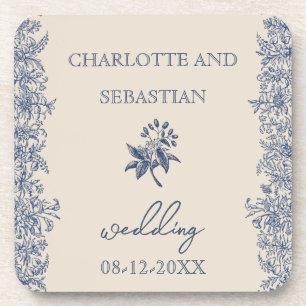 Wedding blue botanical border vintage coaster