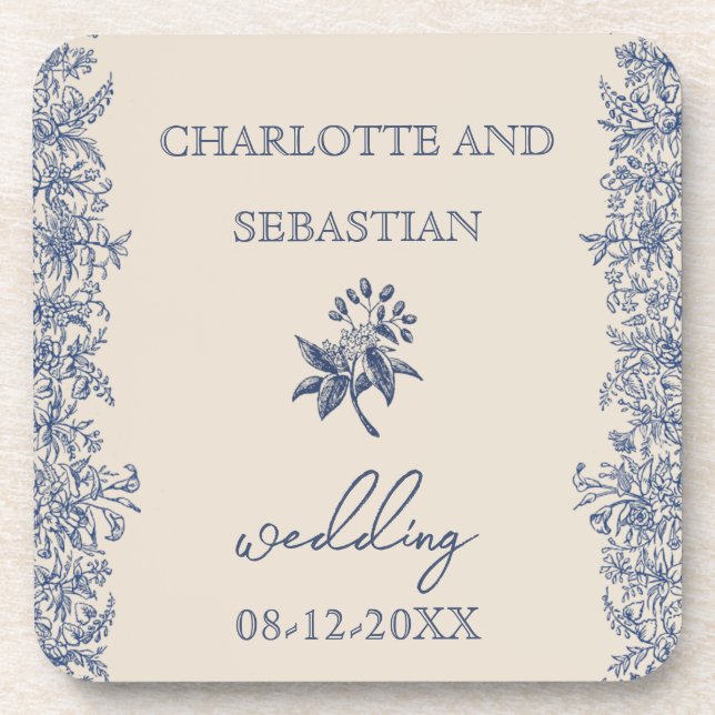 Wedding blue botanical border vintage  coaster (Front)