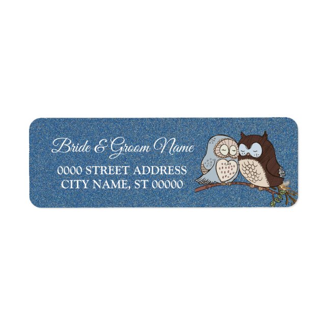 Wedding Blue Brown Owl Glitter Return Address (Front)