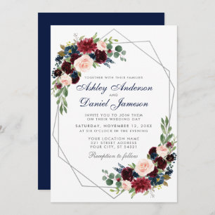 Wedding Blue Burgundy Floral Geometric Silver Invitation