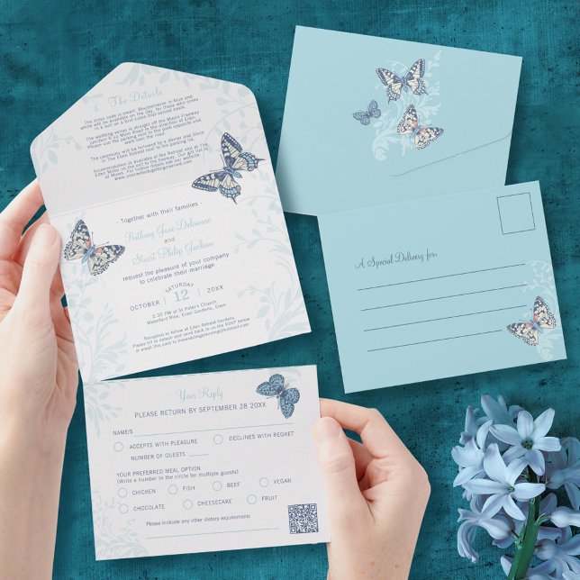 Wedding blue butterflies meal QR code details RSVP All In One Invitation (Creator Uploaded)