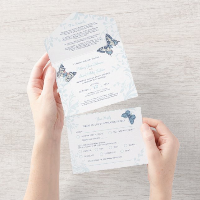 Wedding blue cream butterflies meal RSVP details All In One Invitation (Tearaway)