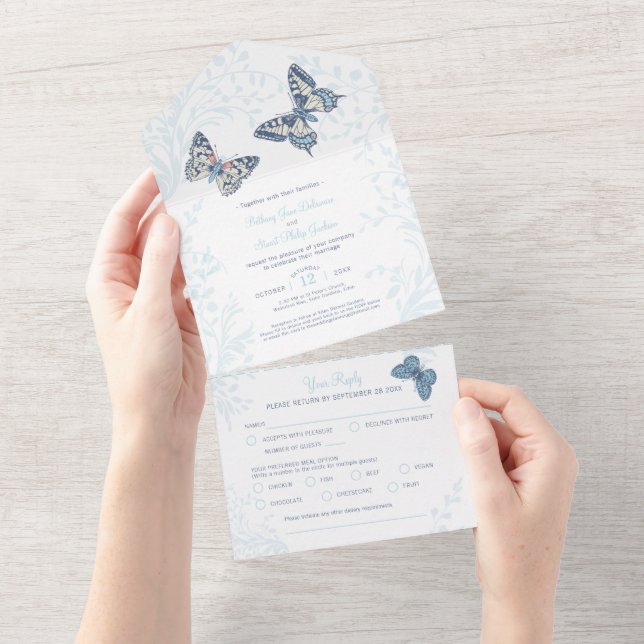 Wedding blue cream butterflies swirls meal RSVP All In One Invitation (Tearaway)