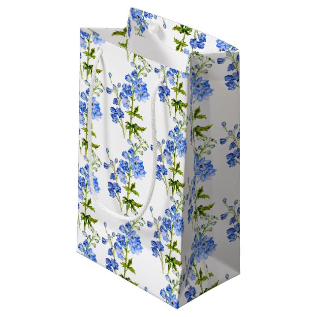 Wedding blue delphinium art patterned small gift bag (Front Angled)
