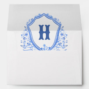 Wedding Blue Floral Crest Monogram Envelope