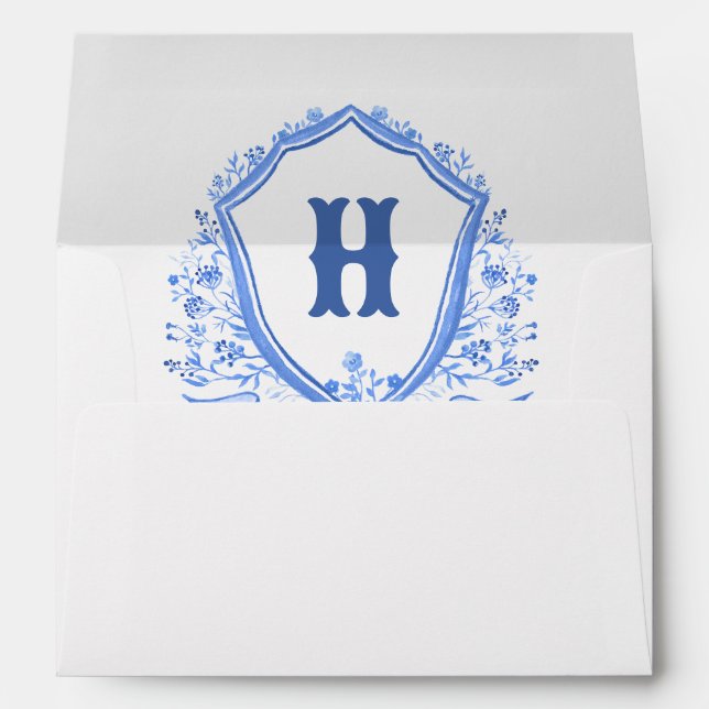 Wedding Blue Floral Crest Monogram  Envelope (Back (Bottom))