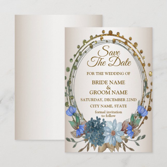 Wedding Blue Floral Golden Geometric Pattern Save The Date (Front/Back)