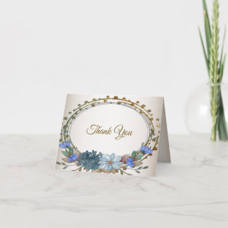 Wedding Blue Floral Golden Geometric Vintage Thank You Card