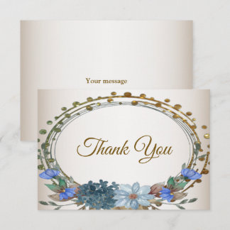 Wedding Blue Floral Golden Geometric Vintage Thank You Card