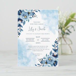 Wedding Blue Flower Bouquet Watercolor Invitation