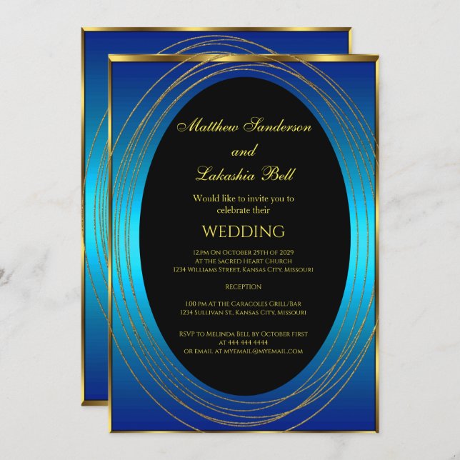 Wedding Blue gold Black Elegant Modern  Invitation (Front/Back)
