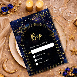 Wedding Blue Gold Celestial Astronomy Stars RSVP Card