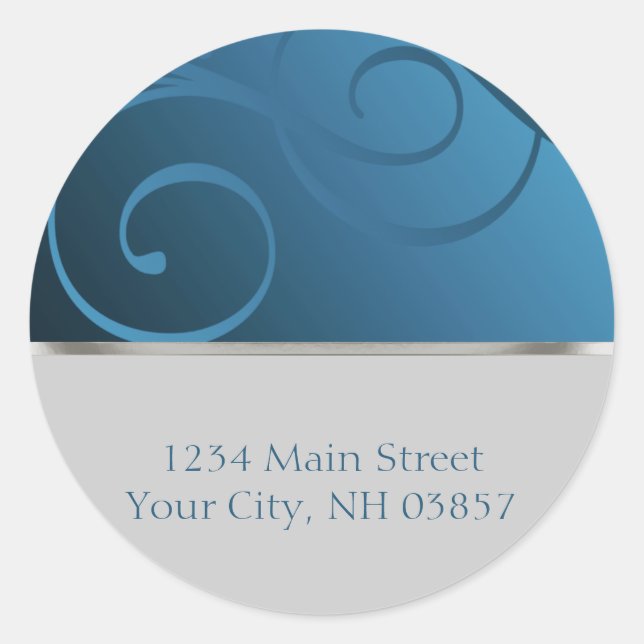 Wedding Blue Gradient Swirl Grey Classic Round Sticker (Front)