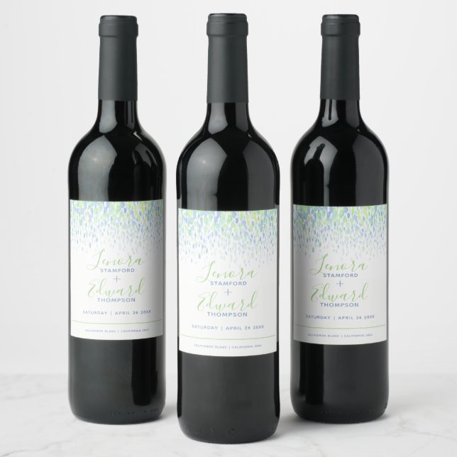 Wedding blue green showering cascade modern art wine label (Bottles)