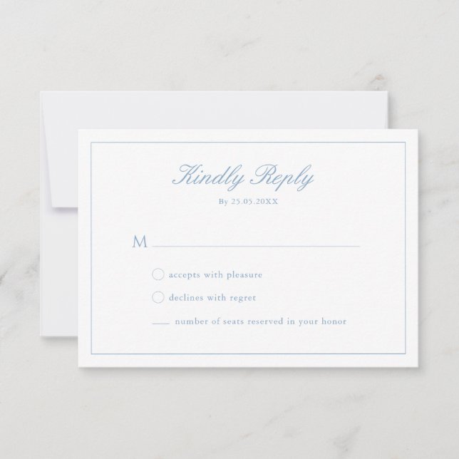 Wedding Blue Script Crest Monogram RSVP Card (Front)