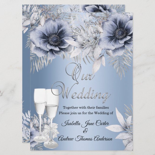 Wedding Blue Silver Floral Bouquet Champagne Invitation (Front/Back)