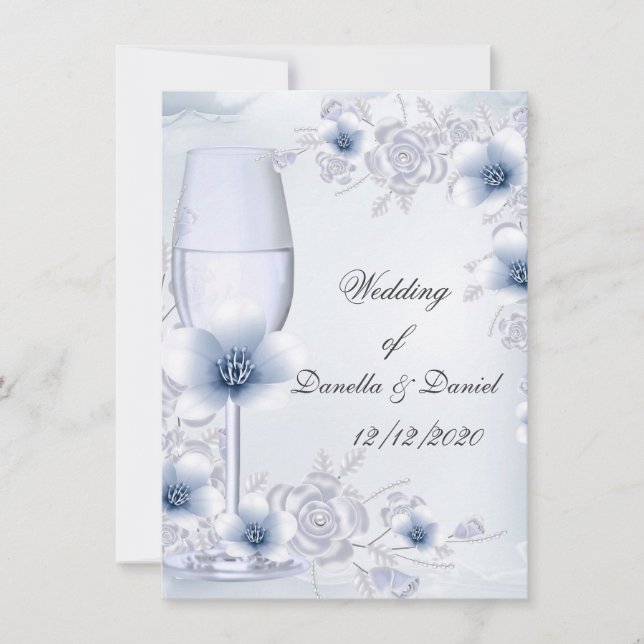Wedding Blue Silver roses blossom Invitation (Front)