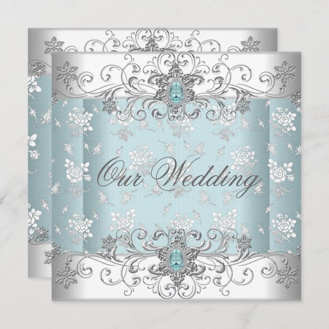 Wedding Blue Silver White Diamond Jewel Lace Invitation (Front/Back)