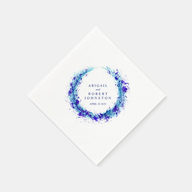 Wedding blue splash wreath watercolor art napkins (Corner)