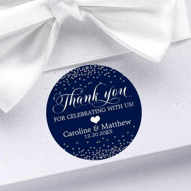 Wedding Blue Sprinkle Sparkle Silver THANK YOU Classic Round Sticker (Creator Uploaded)